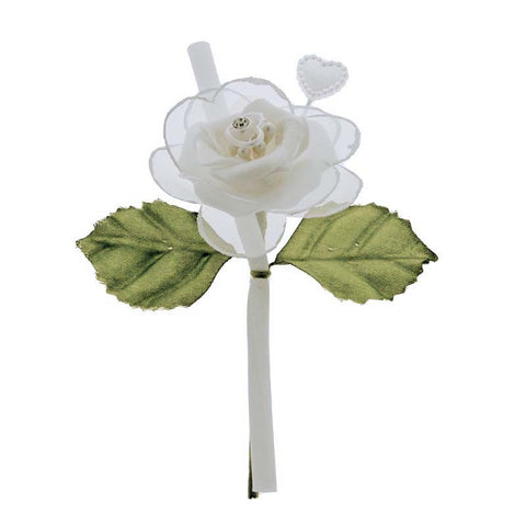 Fiore per bomboniere pick in tessuto bianco e strass
