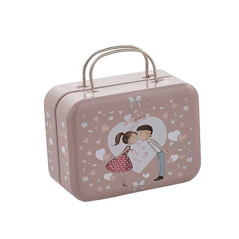 scatolina portaconfetti in latta valigia con cuori e innamorati