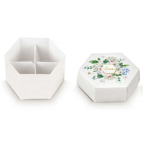 scatole portaconfetti esagonale con divisorio e decoro floreale