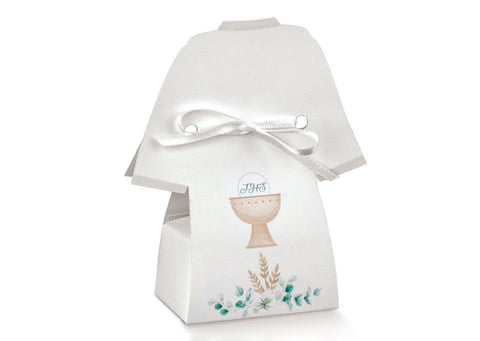 scatole porta confetti tunica bianca con decoro calice comunione