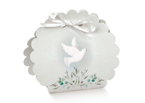 Scatoline portaconfetti Cresima borsa rotonda bianca con colomba