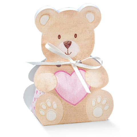 scatolina portaconfetti a forma di orsetto con un cuore rosa