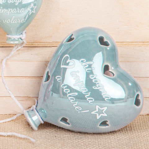 Lampada Palloncino Celeste LED con cuori e frasi in ceramica