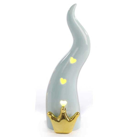Lampada con luce a forma di corno azzurro con corona color oro