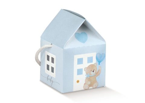 Scatola Portaconfetti Casetta Celeste Con Orsetto Baby