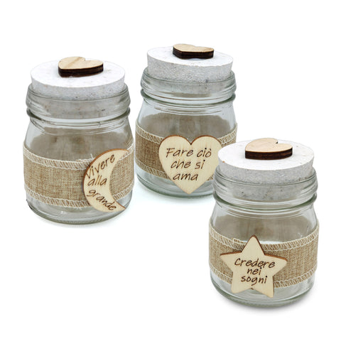 6 pezzi vasetti vetro portaconfetti con applicazione in legno