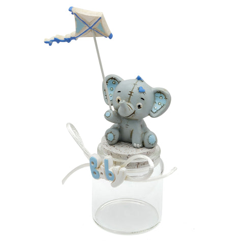 BARATTOLI DI VETRO BOMBONIERE ELEFANTINO CELESTE CON AQUILONE