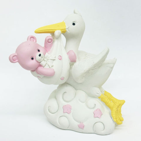 Bomboniera salvadanaio cicogna con baby orso rosa