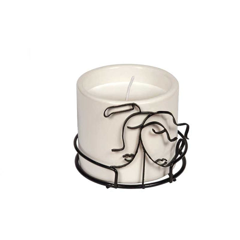 vaso con candela in ceramica decoro coppia innamorati in ferro