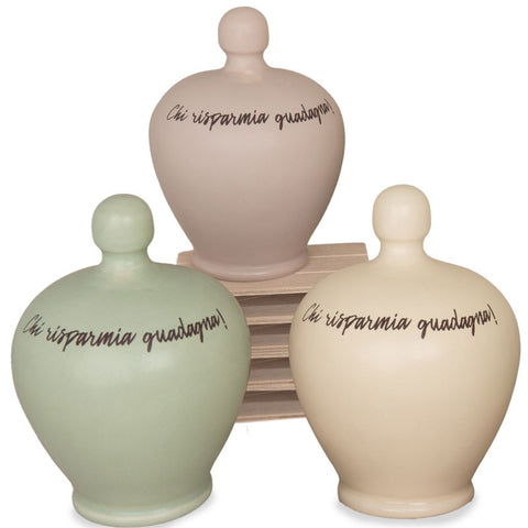 Salvadanaio in ceramica colorata con frase Acquista su