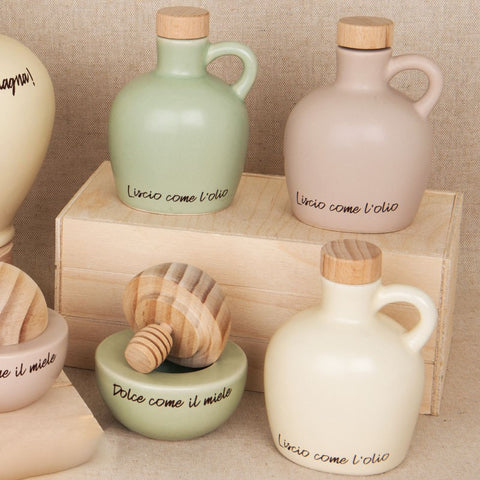 Oliera in Porcellana Colorata con Tappo di Sughero Scritta