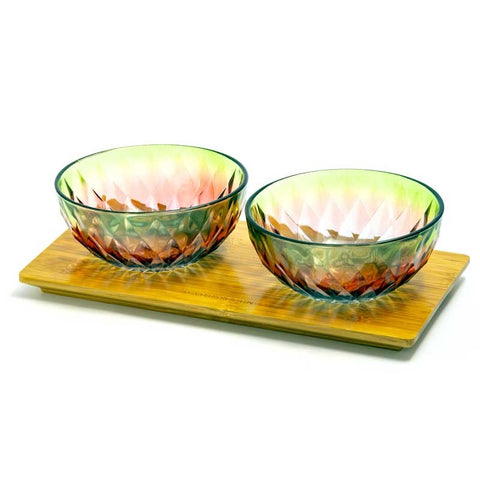 Antipastiera Con 2 Ciotoline Vetro Colorato e Vassoio in Legno