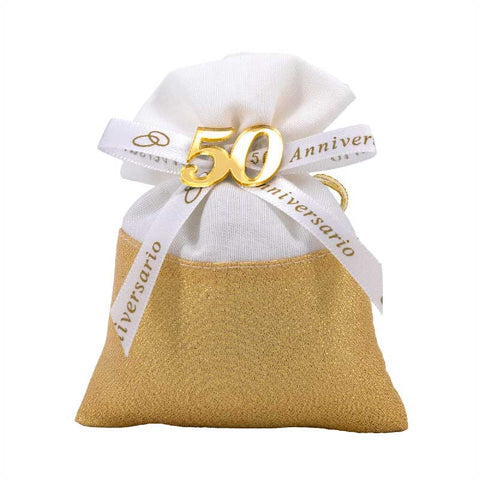 Sacchetto portaconfetti bianco e oro con con fiocco e