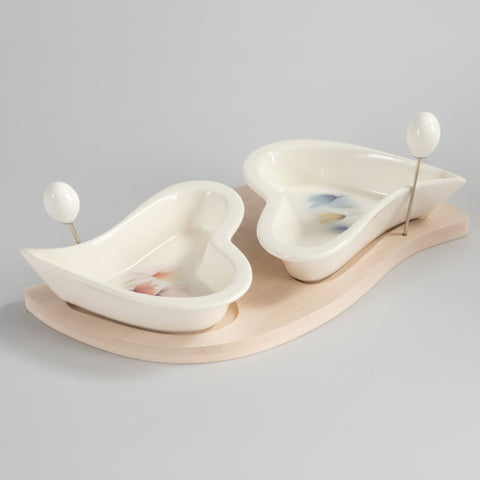 Antipastiera a Cuore in Porcellana con Vassoio in Legno – Bomboniera Utile