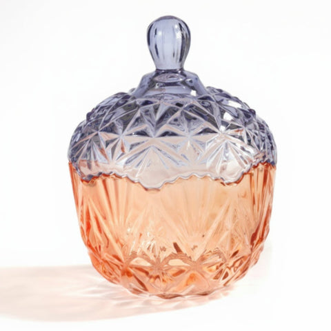 Barattolo in vetro sfaccettato bicolore arancione e blu con coperchio, altezza 17.7 cm