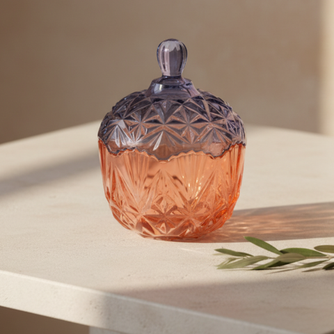 Barattolo in vetro sfaccettato bicolore arancione e blu con coperchio, altezza 17.7 cm