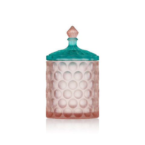 Bomboniera Madrhèlen scatola cilindrica in vetro bubble rosa e verde tiffany, altezza 16 cm.