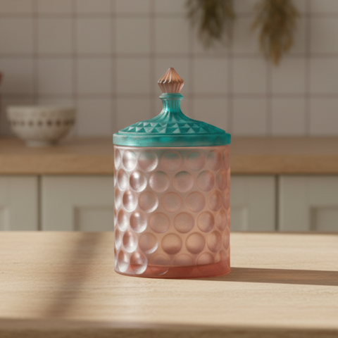 Bomboniera Madrhèlen scatola cilindrica in vetro bubble rosa e verde tiffany, altezza 16 cm.