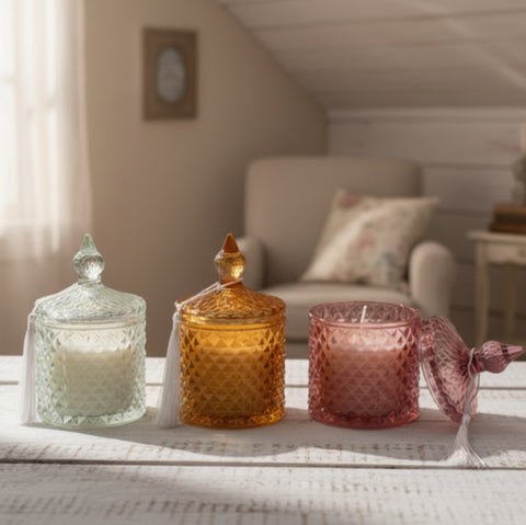 Bomboniera Matrimonio Candela in Vetro Intagliato e Nappina