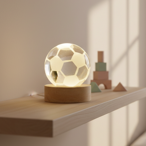 Bomboniera Sfera Cristallo 3D Calcio con Base Legno LED - Idea Originale Comunione Cresima