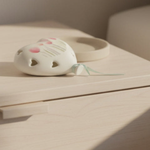 Bomboniera a forma di palloncino a cuore in ceramica bianca con decoro di tulipani rosa e trafori luminosi