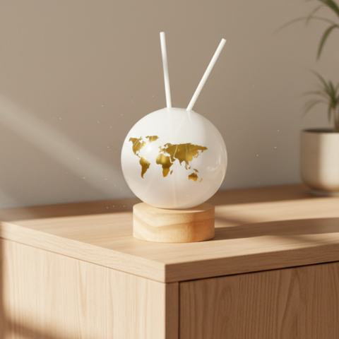 Bomboniera diffusore a forma di mappamondo in vetro bianco satinato con planisfero oro e base in legno naturale, luce LED accesa.