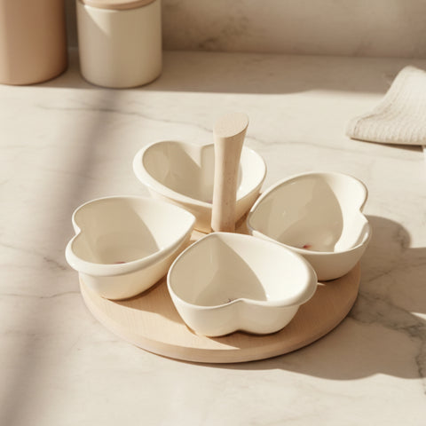 Bomboniera matrimonio antipastiera composta da quattro ciotoline in porcellana bianca a forma di cuore con decoro floreale