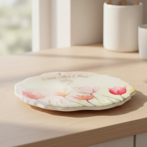 Bomboniera matrimonio sottopentola circolare in porcellana bianca con bordo ondulato, decoro tulipani colorati