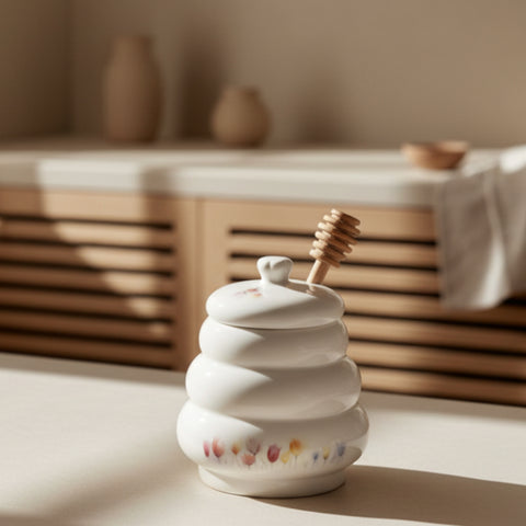 Bomboniera matrimonio vasetto portamiele in porcellana bianca con decoro tulipani colorati e spargimiele in legno