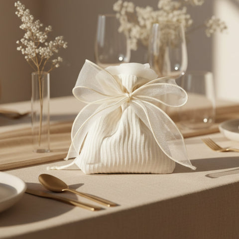 Bomboniera sacchetto in tessuto bianco plissettato con grande fiocco in organza su una tavola apparecchiata elegante.