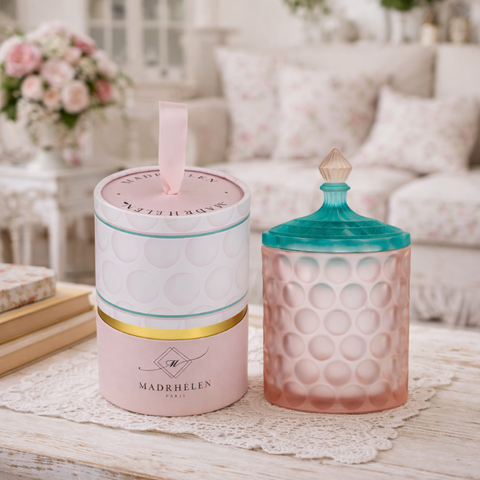 Bomboniera Madrhèlen scatola cilindrica in vetro bubble rosa e verde tiffany, altezza 16 cm.