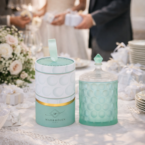 Bomboniera scatola potiche in vetro bicolore verde acqua e trasparente linea Bubble Madrhèlen con scatola regalo coordinata.