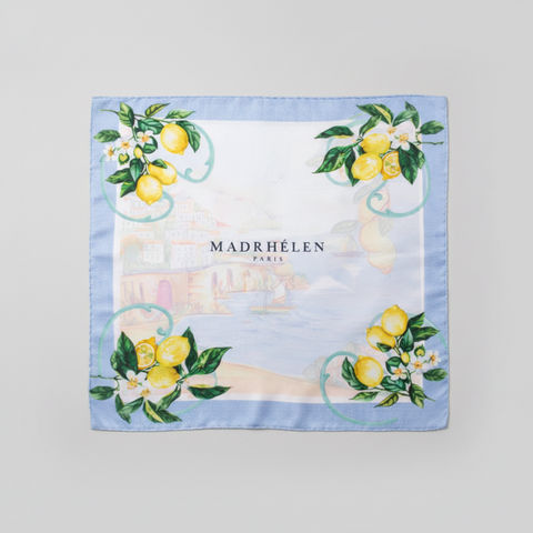 Bomboniere Matrimonio Foulard in Seta Madrhélen Paris con Stampa Limoni e Bordo Azzurro