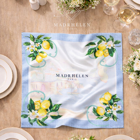 Bomboniere Matrimonio Foulard in Seta Madrhélen Paris con Stampa Limoni e Bordo Azzurro