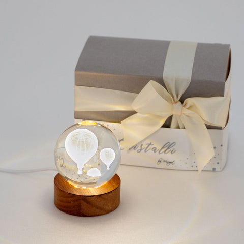 Lampada LED Sfera Mongolfiere 3D con Base in Legno