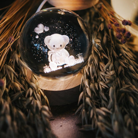 Lampada LED Sfera Orso 3D con Base in Legno