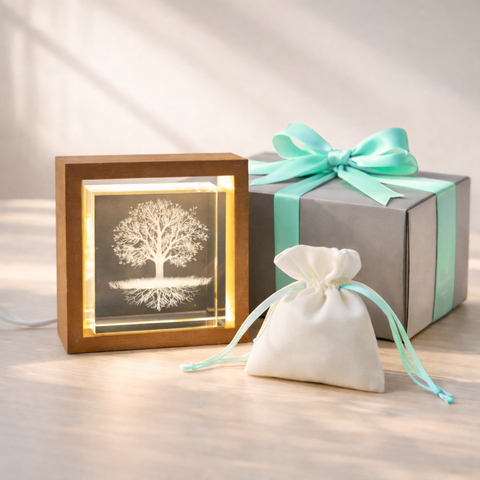 Lampada in cristallo 3D Albero della Vita con cornice in legno con sacchetto e scatola