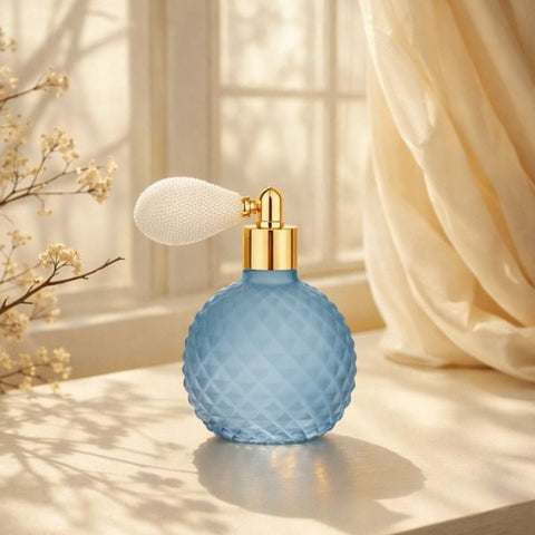 Profumatore spray Bubble in vetro blu con pompetta dorata Madrhelen Paris