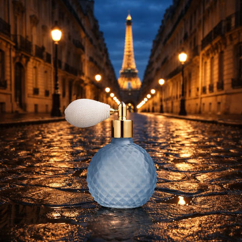 Profumatore spray Bubble in vetro blu con pompetta dorata Madrhelen Paris