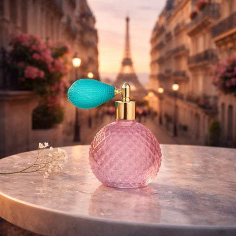 Profumatore spray Bubble Madrhélen in vetro rosa con pompetta dorata, bomboniera elegante per eventi