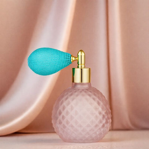 Profumatore spray Bubble Madrhélen in vetro rosa con pompetta dorata, bomboniera elegante per eventi