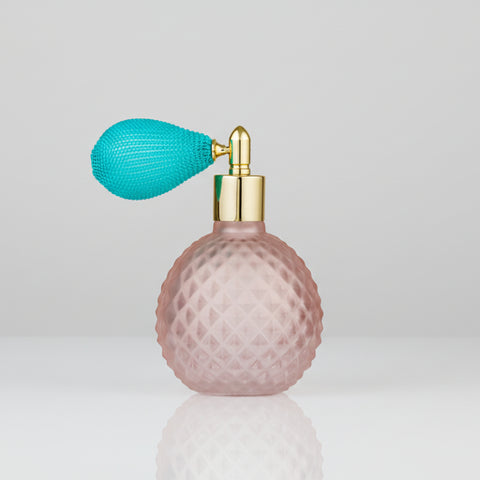 Profumatore spray Bubble Madrhélen in vetro rosa con pompetta dorata, bomboniera elegante per eventi