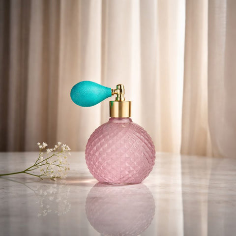 Profumatore spray Bubble Madrhélen in vetro rosa con pompetta dorata, bomboniera elegante per eventi