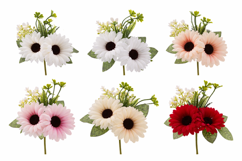 Mazzetto di gerbere artificiali con due fiori colorati e foglie verdi per decorazioni e bomboniere