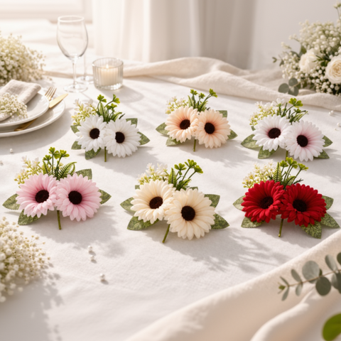 Mazzetto di gerbere artificiali con due fiori colorati e foglie verdi per decorazioni e bomboniere