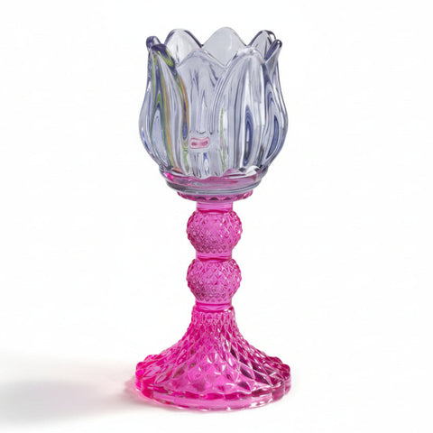 Portacandela a forma di tulipano in vetro colorato fucsia e avion per bomboniere eleganti.
