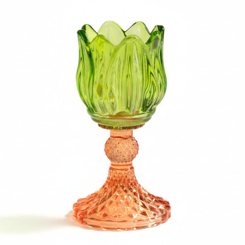 Portacandela a forma di tulipano in vetro colorato verde e arancione per bomboniere matrimonio.