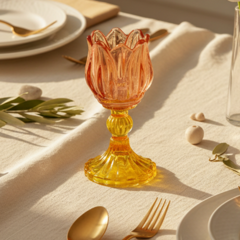 Bomboniera portacandela in vetro a forma di tulipano arancione e giallo su stelo lavorato
