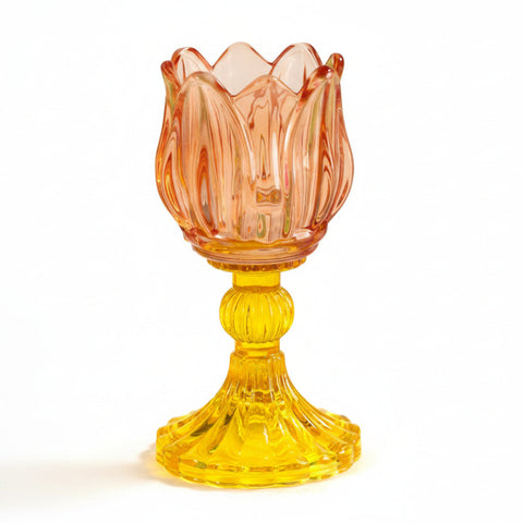 Portacandela in vetro a forma di tulipano arancione e giallo su stelo lavorato