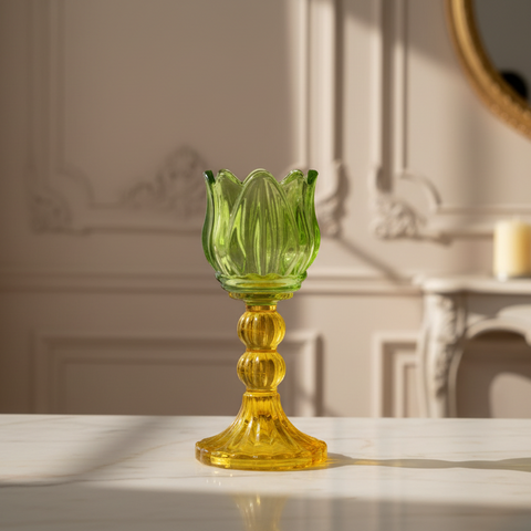 Bomboniera Portacandela Tulipano in Vetro Bicolore Verde e Giallo